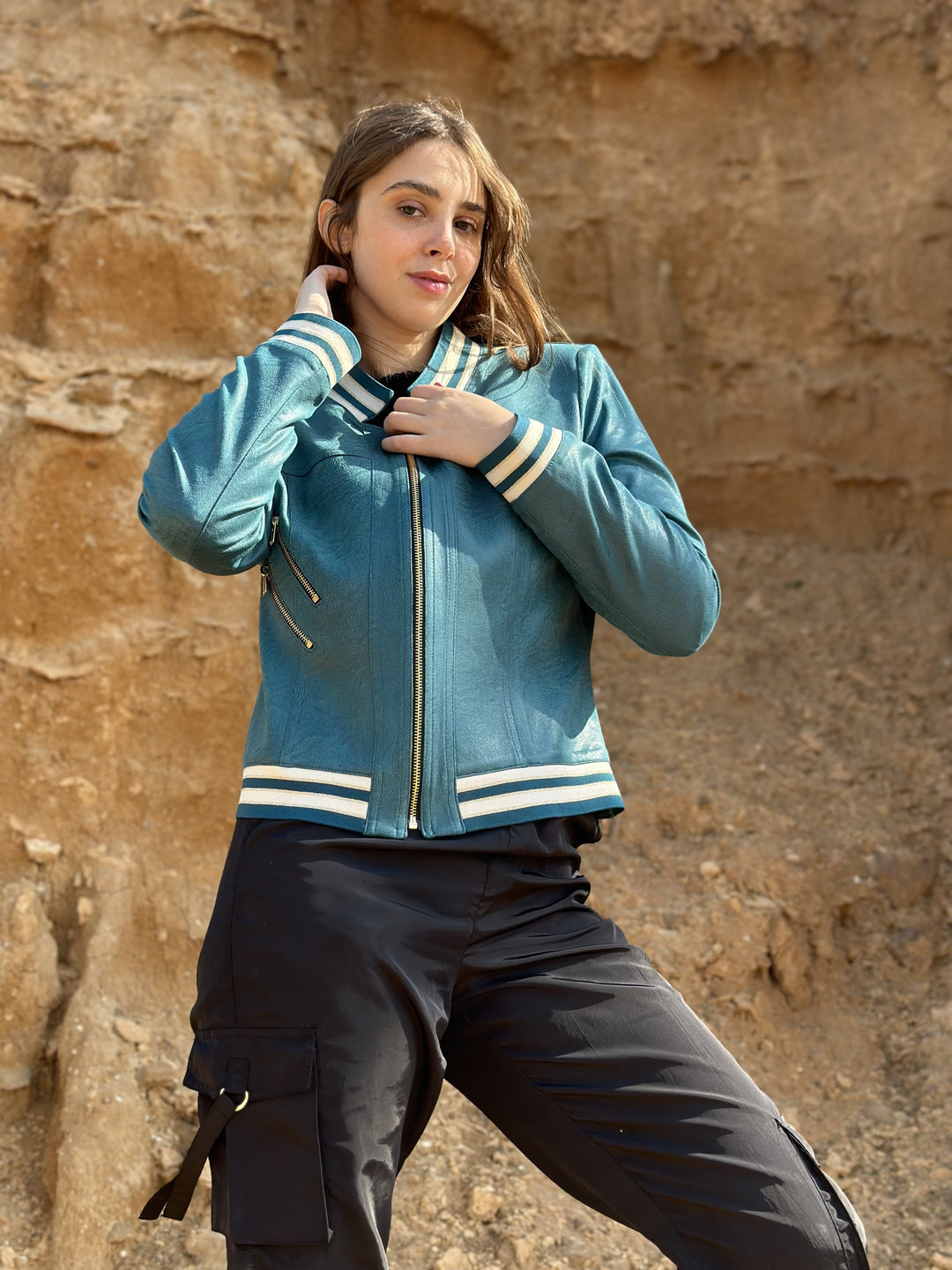 Perfecto Cuir Bleu Canard A Bandes