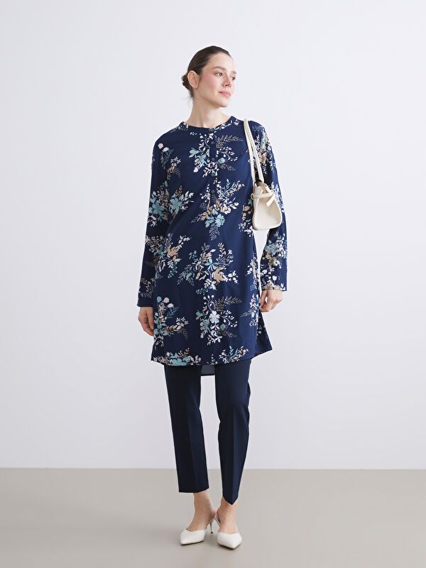 Moudda LC Waikiki - Tunique tissée imprimée manches longues Femme Imprimé bleu marine foncé - Tunisie 2