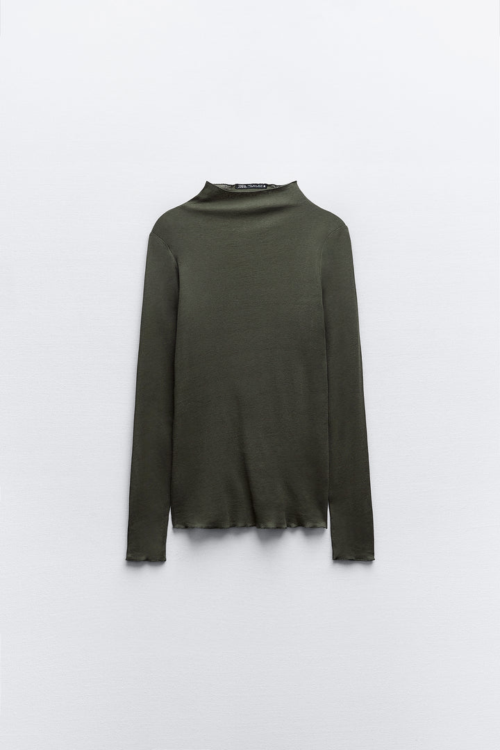 T-shirt Coton Crêpe Col V Manches Longues