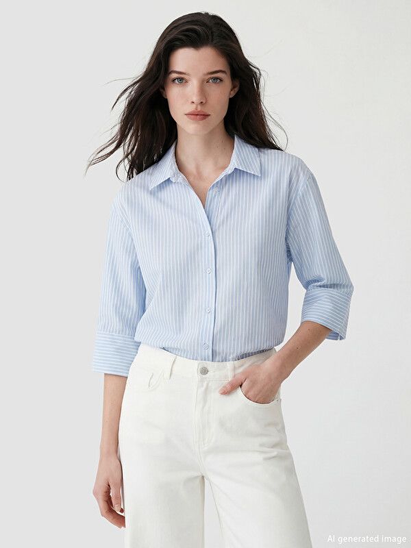 Moudda LC Waikiki - Chemise manches longues en tissu maternité pour Femme couleur Bleu rayé - Tunisie 1