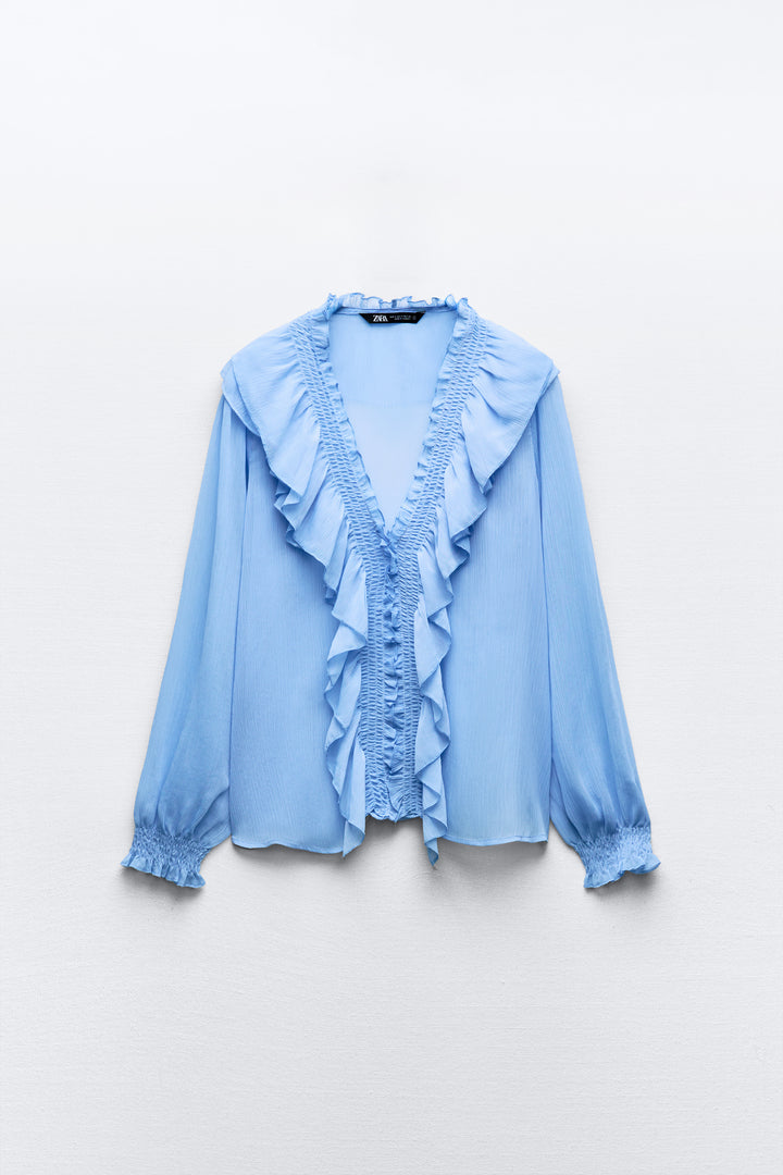 Blouse Georgette manches longues volants et élastiques