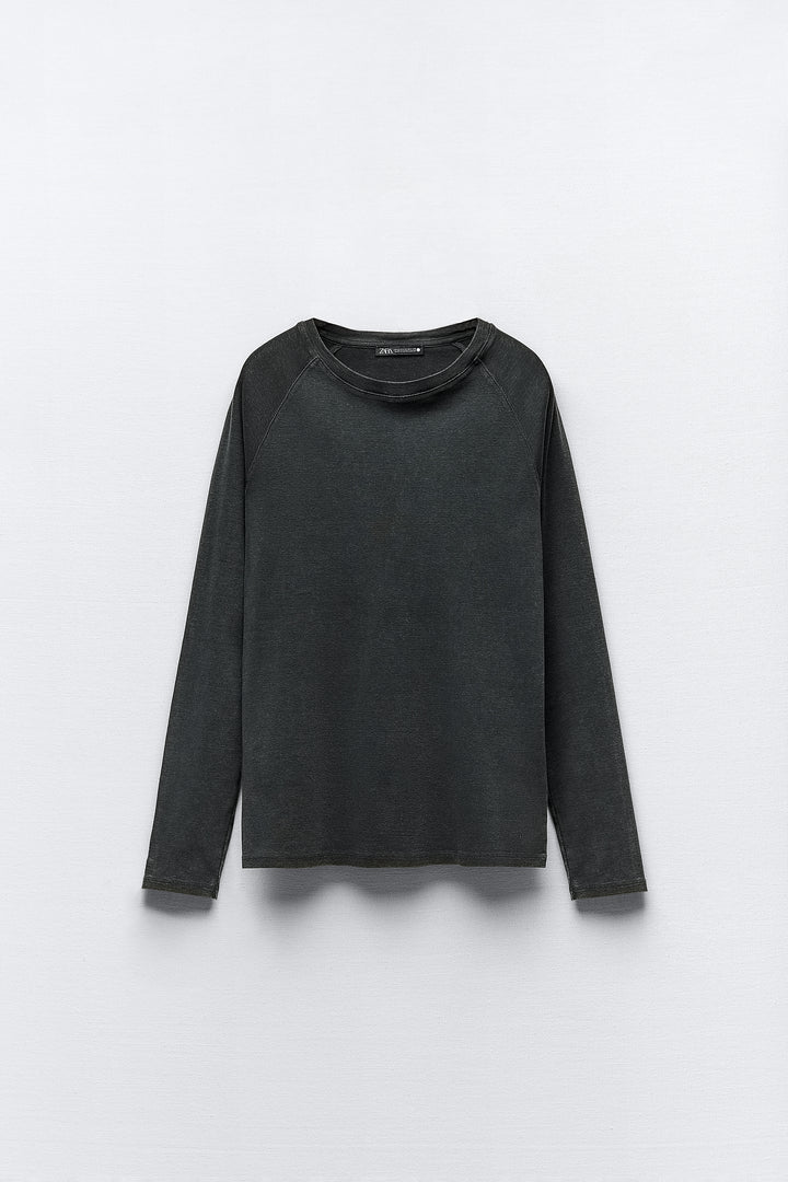 T-shirt en coton lavé sans manches, col rond, sans bretelles, manches longues