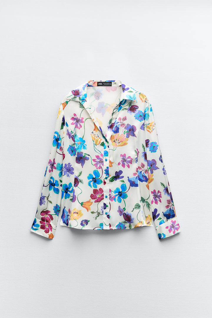 Chemise satin imprimé fleurs cintrée ML