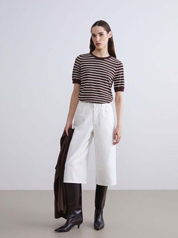 Moudda LC Waikiki - Pull tricot manches courtes Femme Ecru rayé - Tunisie 2