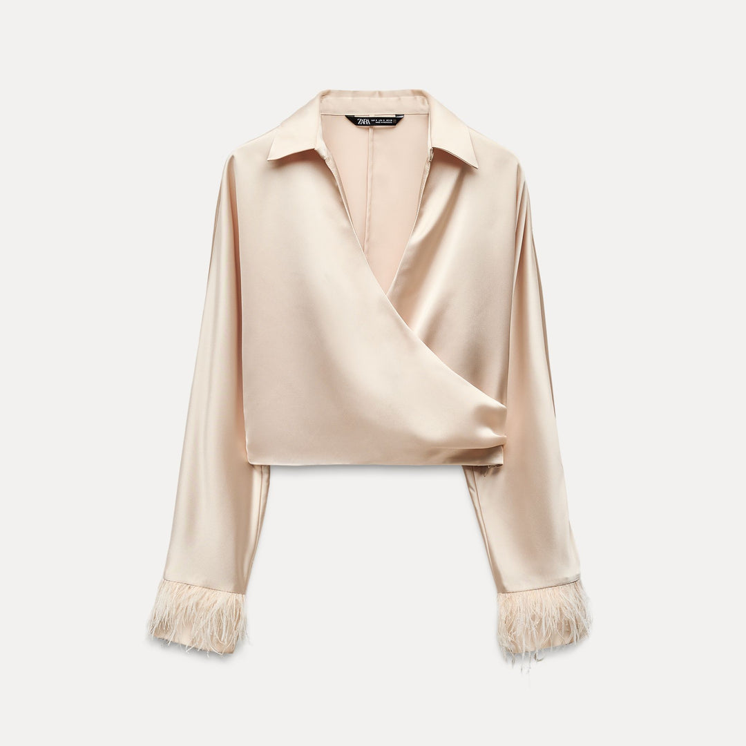Moudda ZARA - Top satin court croisé détail plumes poignet - Tunisie 2