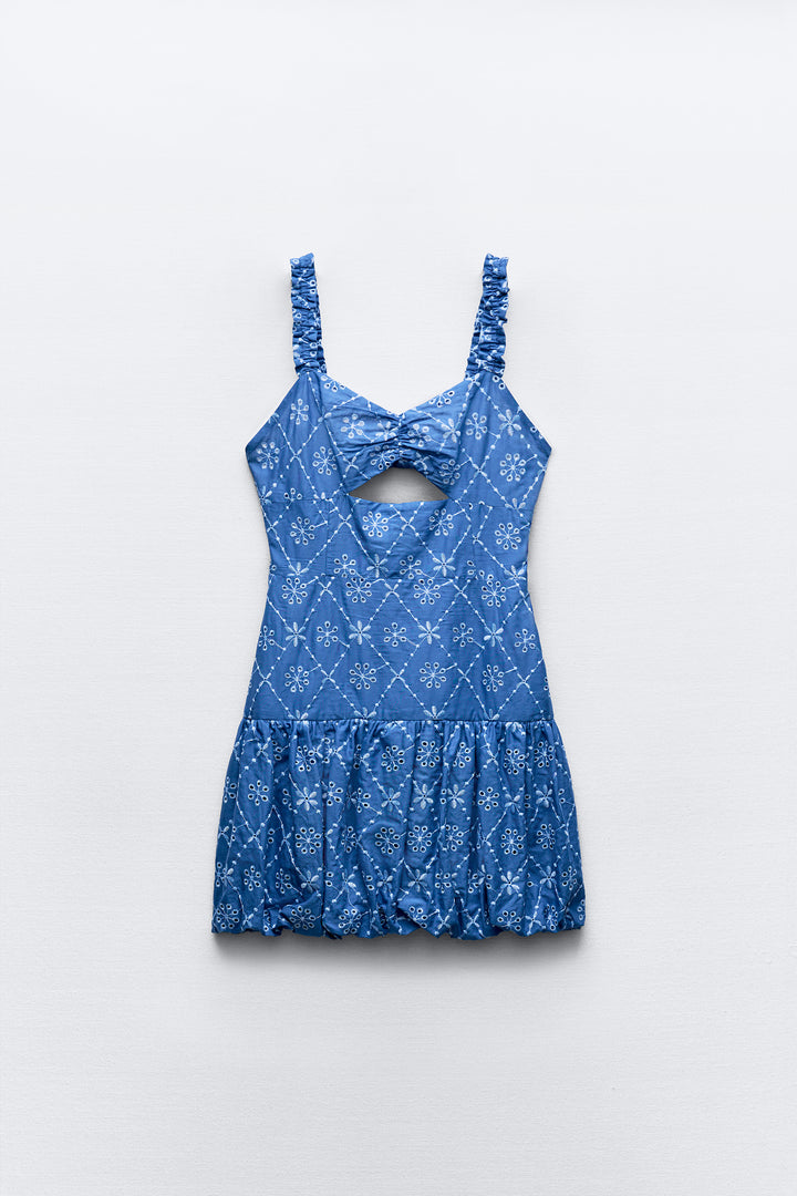 Robe mini bretelle ballon broderie suisse