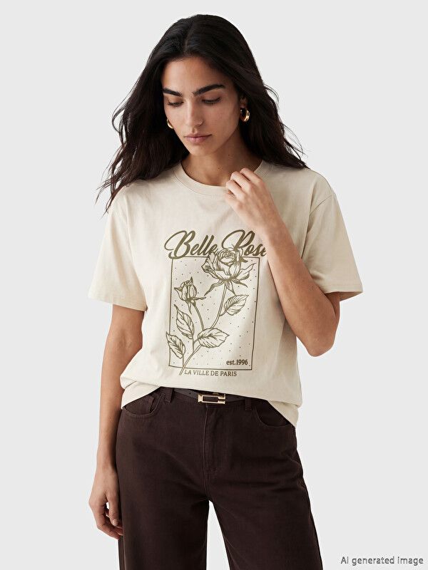 Moudda LC Waikiki - Body imprimé manches courtes en jersey pour Femme couleur Beige clair - Tunisie 1