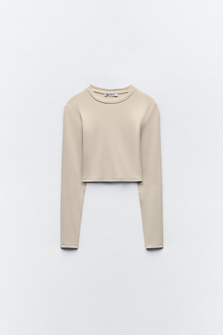 T-shirt manches longues col rond court modal