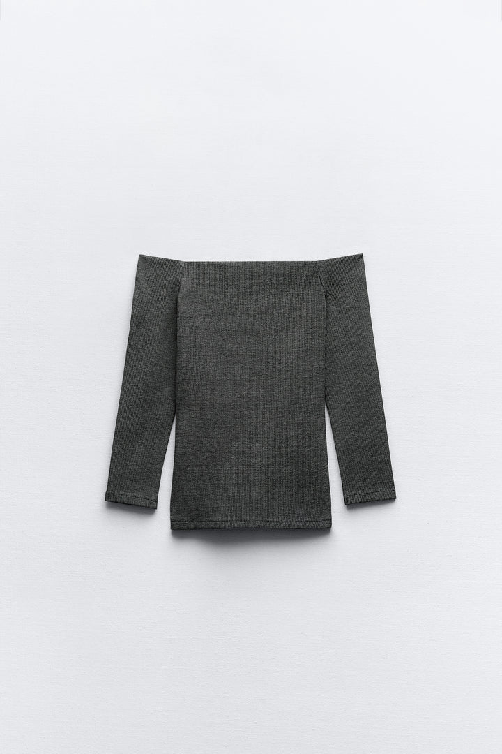 Top texture mélangée ensemble col épaules nues manches longues