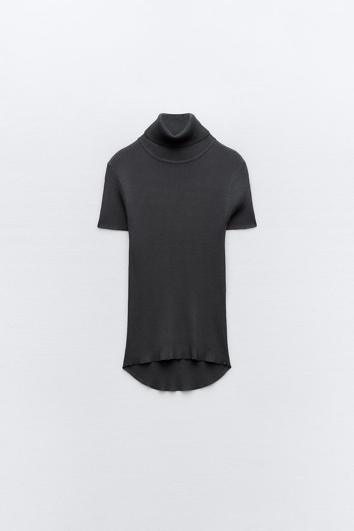 Top Fin Côtelé Manches Courtes Col Roulé