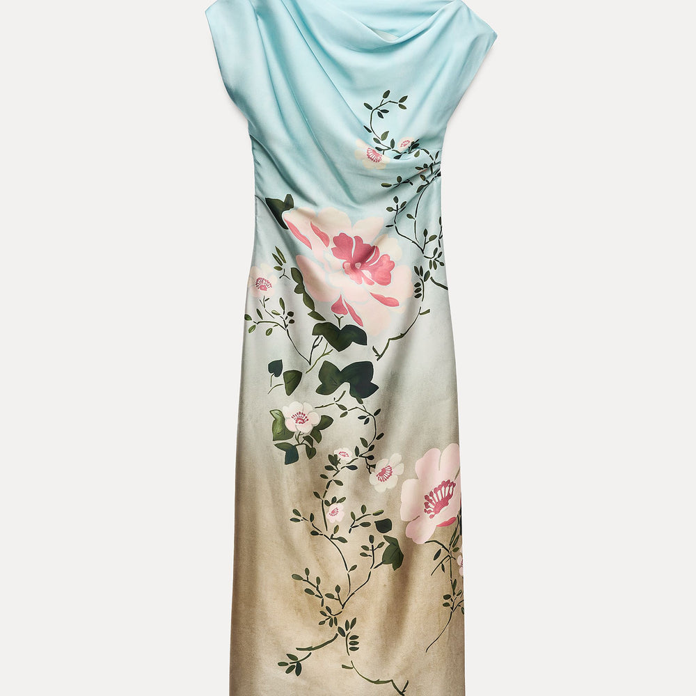 Moudda ZARA - Robe mi-longue satinée asymétrique imprimée fleurs fond bleu - Tunisie 2