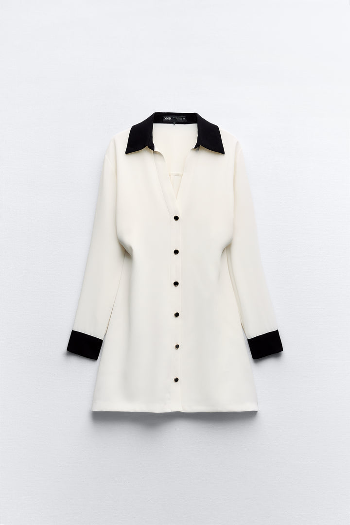 Robe crêpe combinée boutons manches longues**