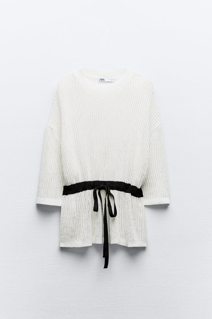 Pull manches courtes câble yarn avec fronce avant**