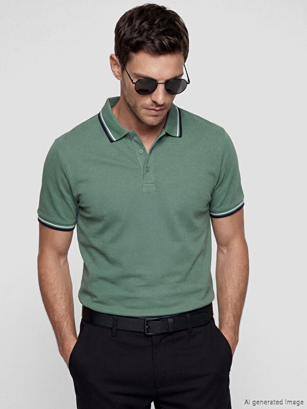 Moudda LC Waikiki - T-shirt col polo basique manches courtes en jersey pour Homme couleur Vert - Tunisie 1