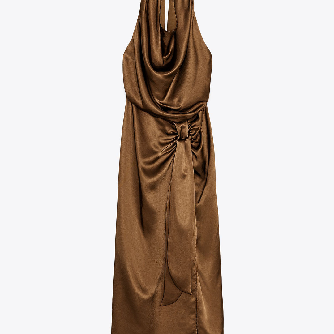 Moudda ZARA - Robe Midi Satin - Col Halter & Nœud Taille - Tunisie 1
