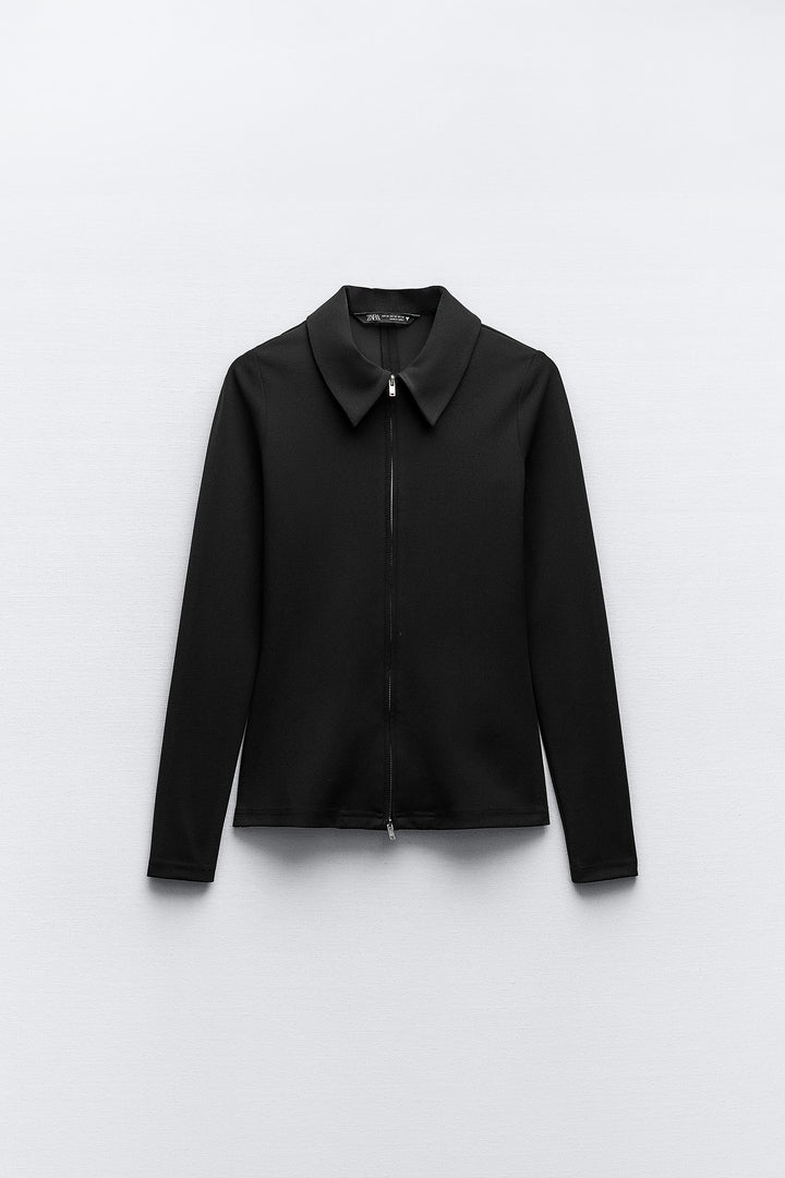 Top manches longues élastique polo à fermeture éclair centrale