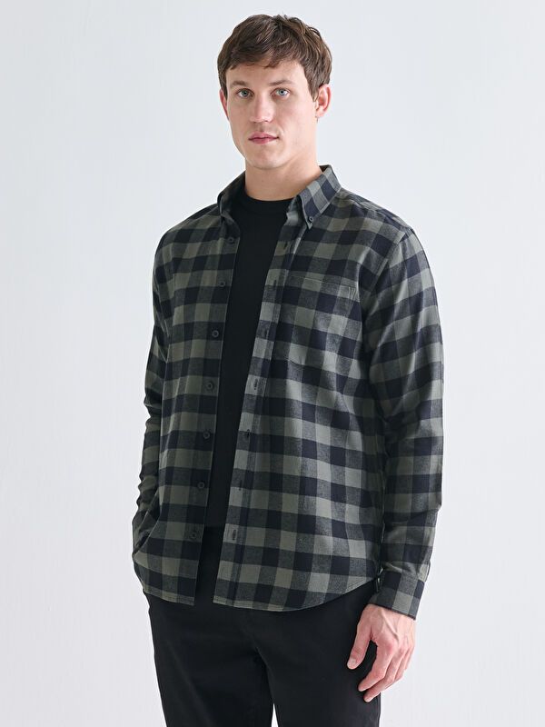 Moudda LC Waikiki - Chemise tissée à carreaux manches longues Homme Carreaux kaki - Tunisie 1