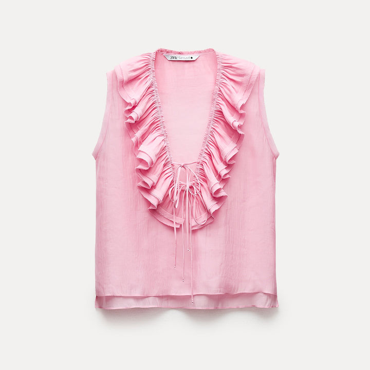 Moudda ZARA - Blouse romantique manches courtes petit nœud décolleté - Tunisie 1