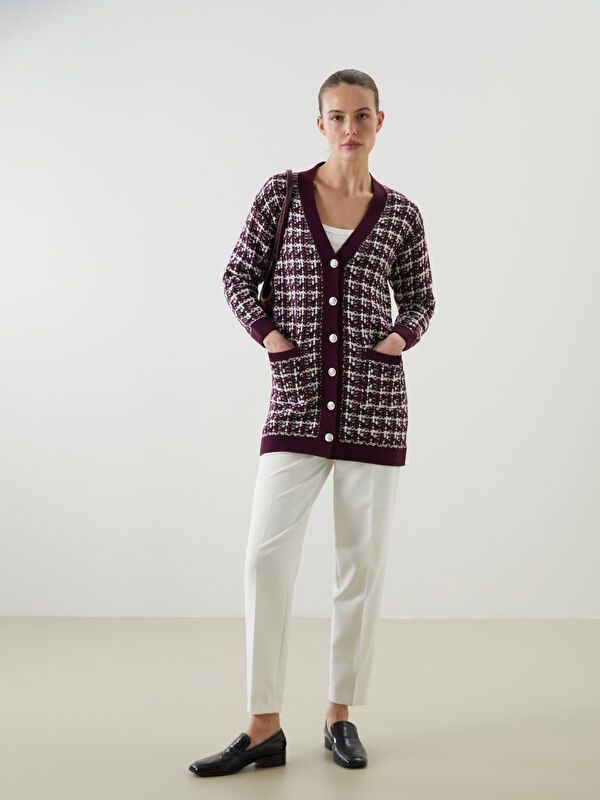 Moudda LC Waikiki - Cardigan tricot moyen Femme Jacquar de bordeaux - Tunisie 4
