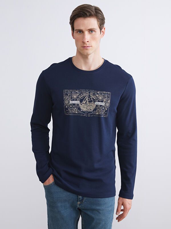Moudda LC Waikiki - Sweatshirt jersey imprimé basique Homme Bleu marine - Tunisie 1