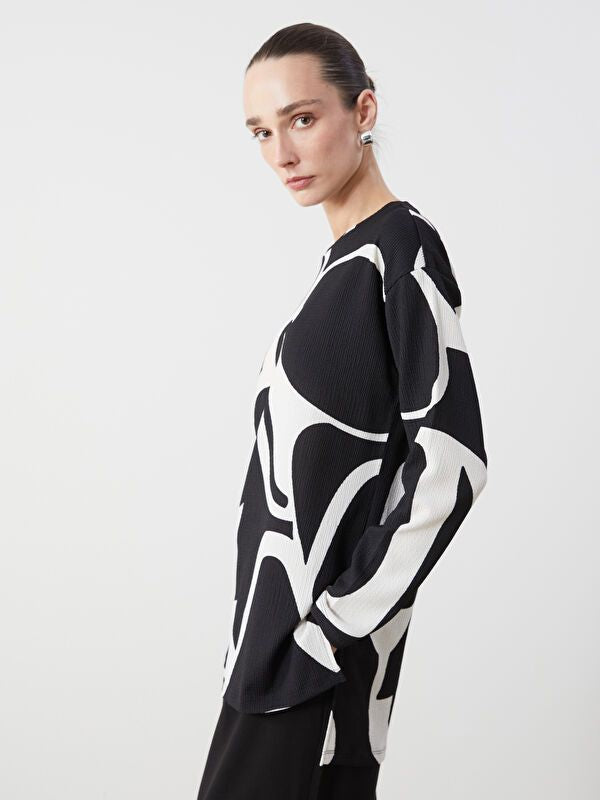 Moudda LC Waikiki - Tunique manches longues en jersey couleur Noir imprimé pour femmes - Tunisie 1