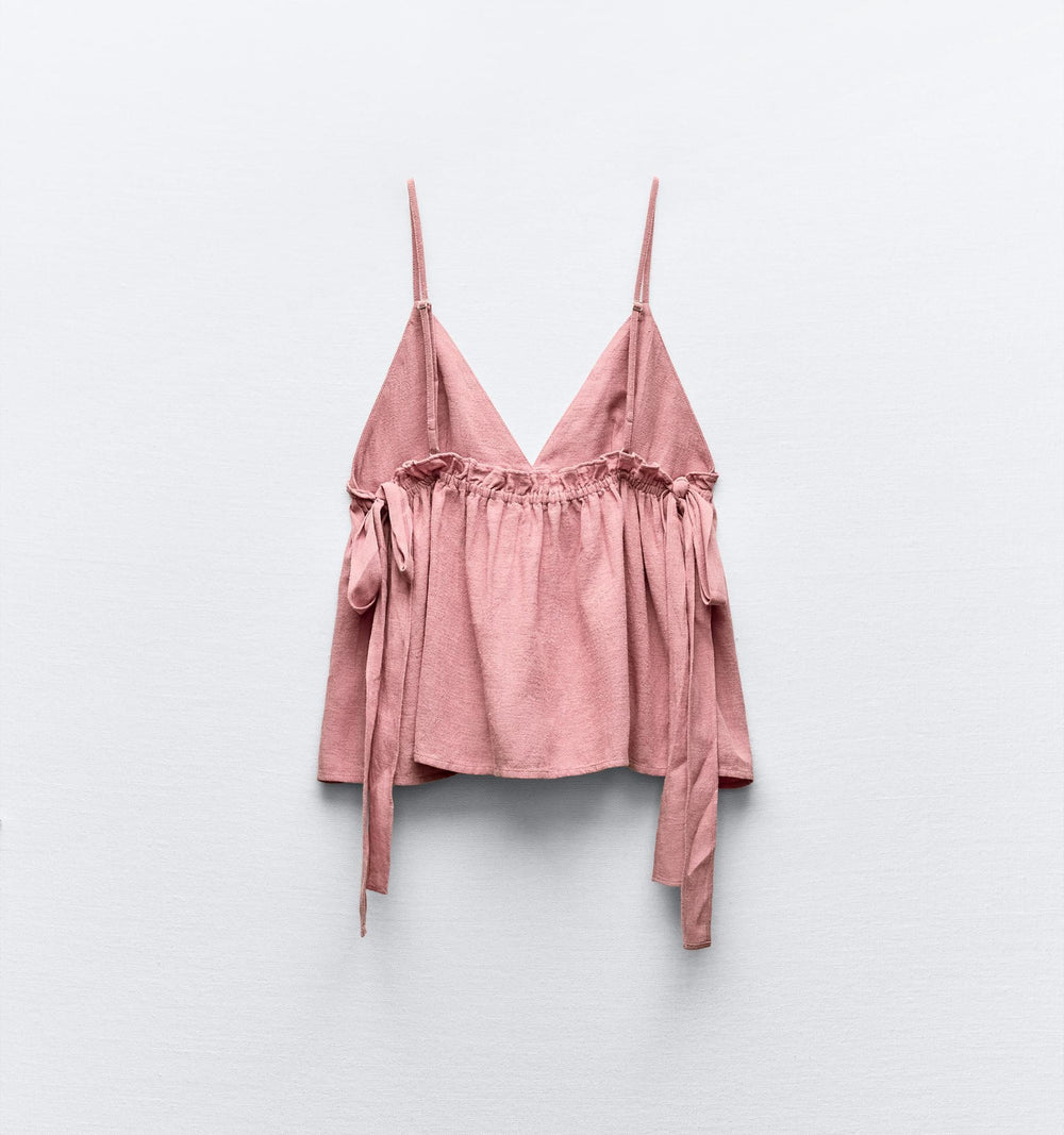 Moudda ZARA - Haut en lin bretelles, décolleté en V, nœuds latéraux - Tunisie 2