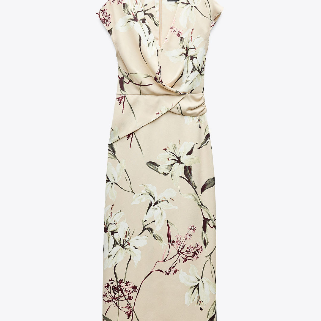 Moudda ZARA - Robe Midi Satin - Imprimé Fleurs & Plis Devant - Tunisie 1