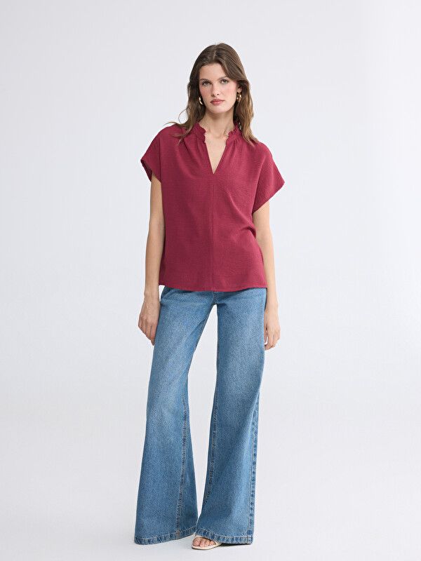 Moudda LC Waikiki - Blouse manches courtes en tissu pour Femme couleur Bordeaux - Tunisie 2