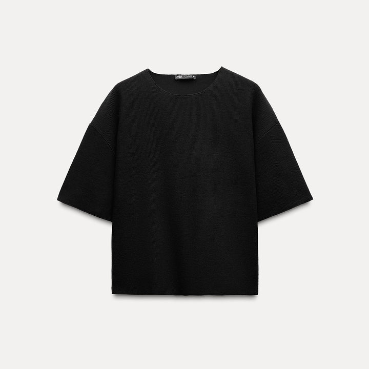 Moudda ZARA - Noir – t-shirt côtelé doux col rond manches courtes - Tunisie 1