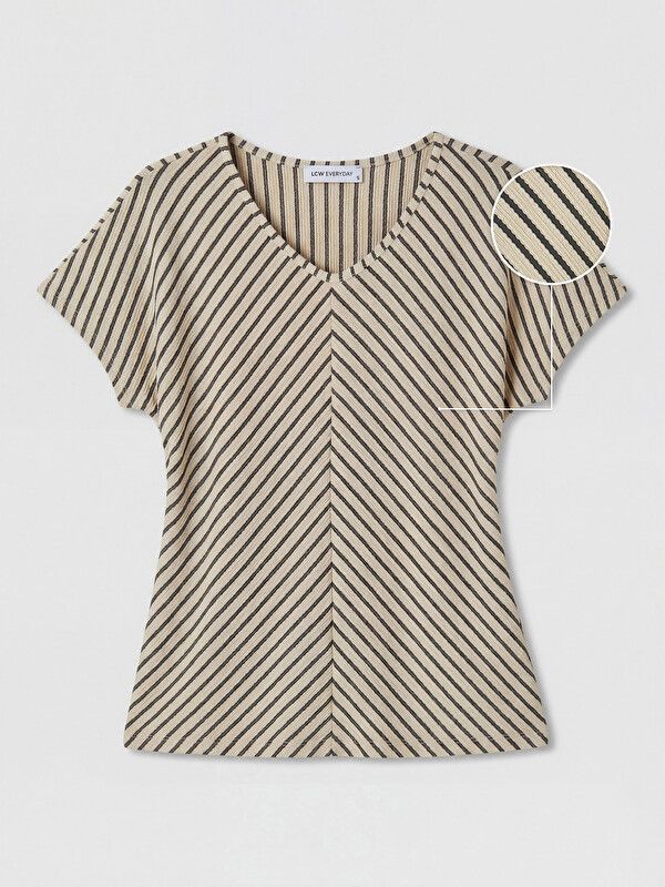 Moudda LC Waikiki - Pack jersey à maches courtes pour Femme couleur Beige rayé - Tunisie 1