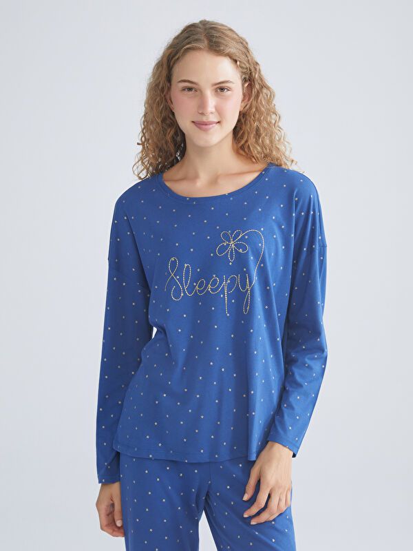 Moudda LC Waikiki - Pyjama en jersey manches longues Femme Impression bleu foncé - Tunisie 2