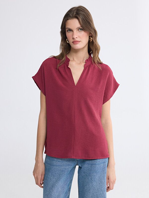 Moudda LC Waikiki - Blouse manches courtes en tissu pour Femme couleur Bordeaux - Tunisie 1