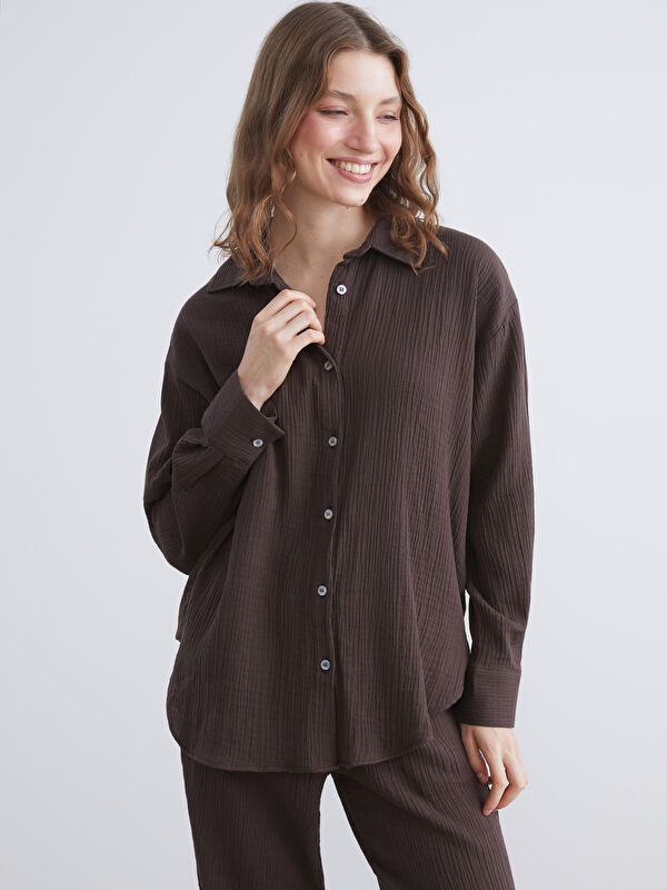 Moudda LC Waikiki - Chemise tissée manches longues Femme Brun - Tunisie 1