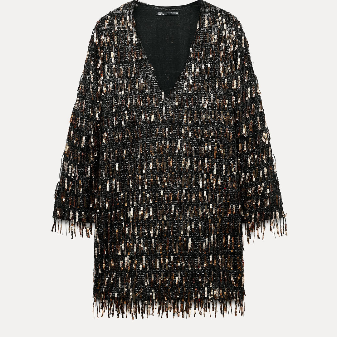 Moudda ZARA - Robe courte manches longues, col en V pailletée - Tunisie 1