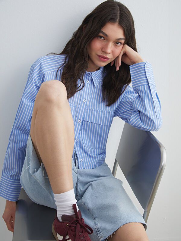 Moudda LC Waikiki - Chemise tissée manches longues Femme Rayures bleues - Tunisie 1