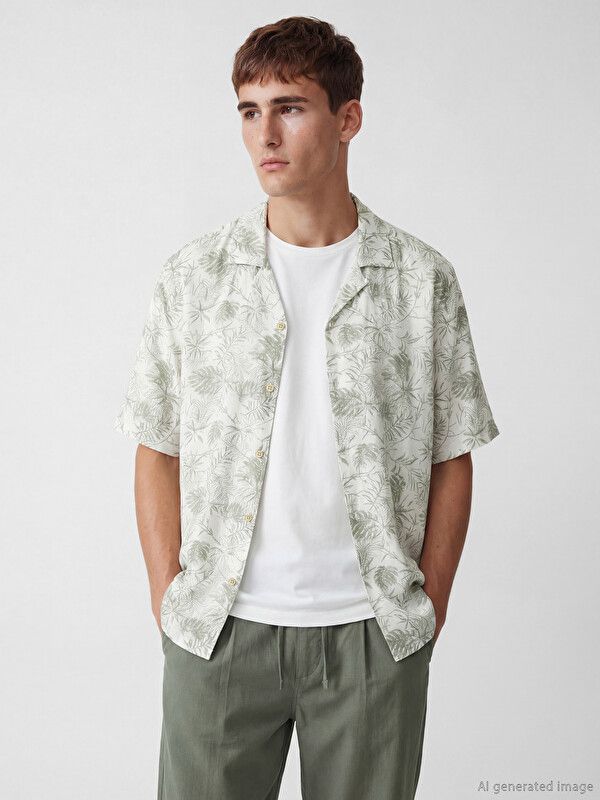 Moudda LC Waikiki - Chemise imprimée manches courtes en tissu pour Homme couleur Vert olive imprimé - Tunisie 1