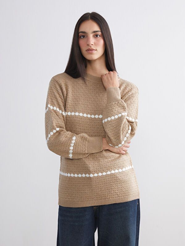 Moudda LC Waikiki - Pull mi-saison en tricot couleur Jacquard camel pour femmes - Tunisie 1