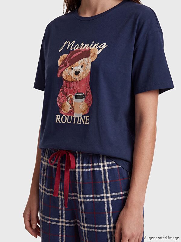 Moudda LC Waikiki - Pyjama manches courtes en jersey pour Femme couleur Bleu marine à carreaux - Tunisie 2