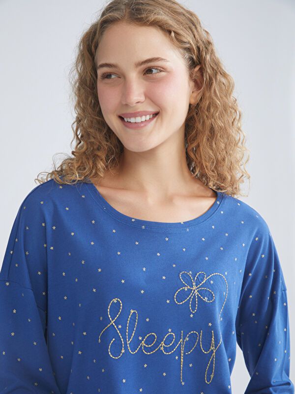 Moudda LC Waikiki - Pyjama en jersey manches longues Femme Impression bleu foncé - Tunisie 3