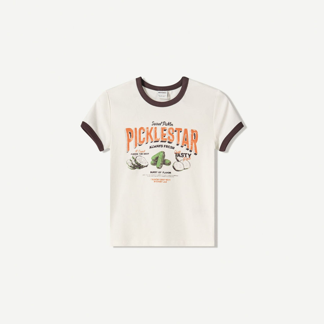 Moudda BERSHKA - T-Shirt - Côtes Contrastées & Imprimé Juice/Pickles - Tunisie 1