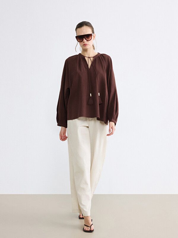 Moudda LC Waikiki - Chemisier (blouse) manches longues en tissu pour Femme couleur Marron chocolat - Tunisie 2