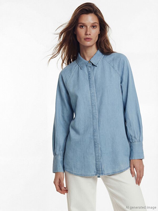 Moudda LC Waikiki - Tunique manches longues en jean pour Femme couleur Bleu indigo clair rodé - Tunisie 1