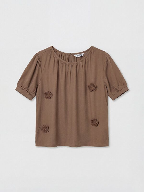 Moudda LC Waikiki - Chemisier (blouse) manches courtes en tissu pour Fille couleur Marron clair - Tunisie 1