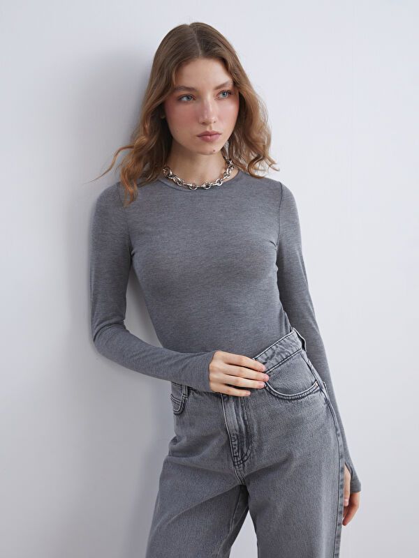 Moudda LC Waikiki - Body en jersey manches longues Femme Anthracite mlg - Tunisie 1