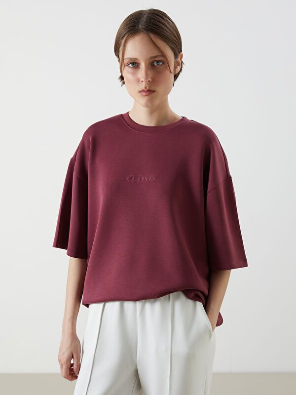 Moudda LC Waikiki - Body imprimé en jersey manches courtes Femme Bordeaux - Tunisie 1