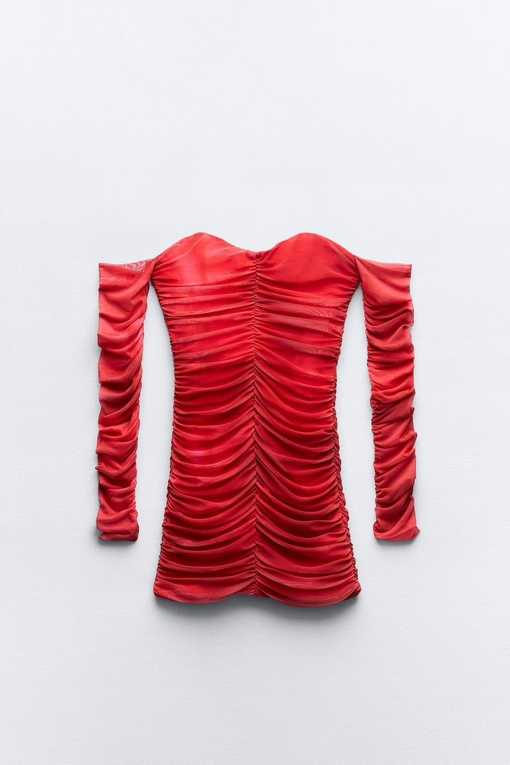 Robe courte mesh manches longues drapée imprimée