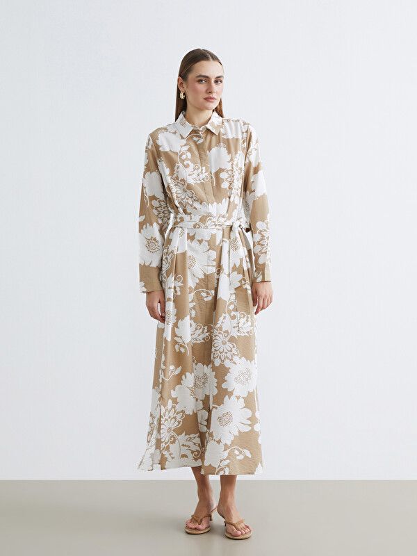 Moudda LC Waikiki - Robe manches longues en tissu pour Femme couleur Beige imprimé - Tunisie 2