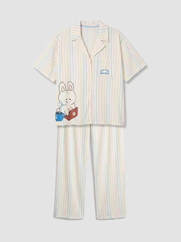 Moudda LC Waikiki - Pyjama manches courtes pour Femme couleur Crème imprimé - Tunisie 1