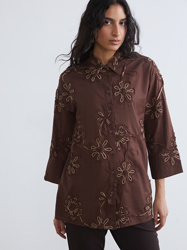 Moudda LC Waikiki - Tunique manches longues en tissu pour Femme couleur Marron - Tunisie 1