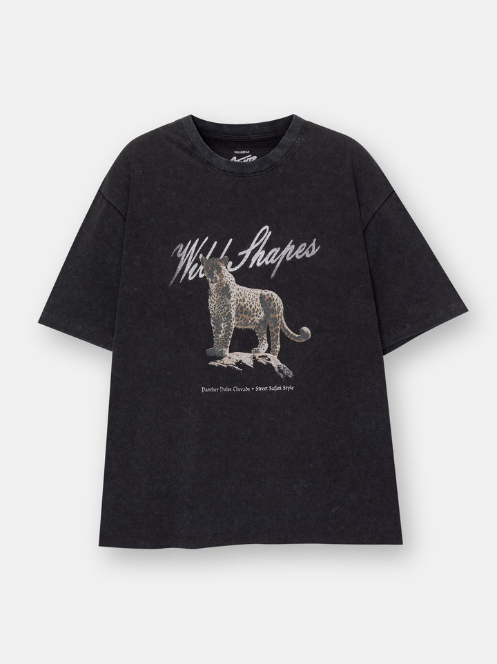 Moudda PULL & BEAR - T-Shirt Demi-Manches Col Léopard Noir Lavé - Tunisie 2